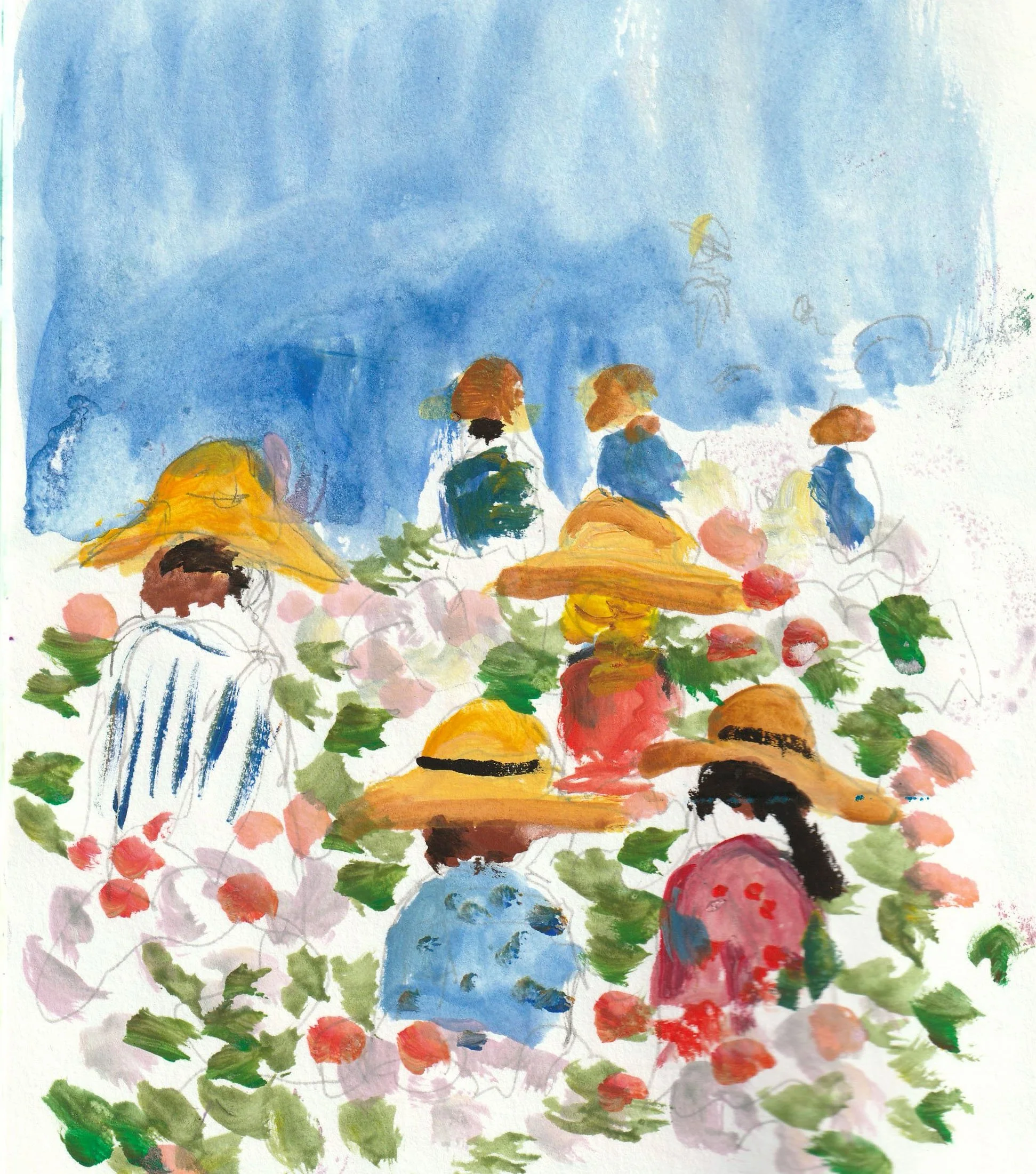 Peonies and people, goauche oil pastel ink paper, 8x10.jpg