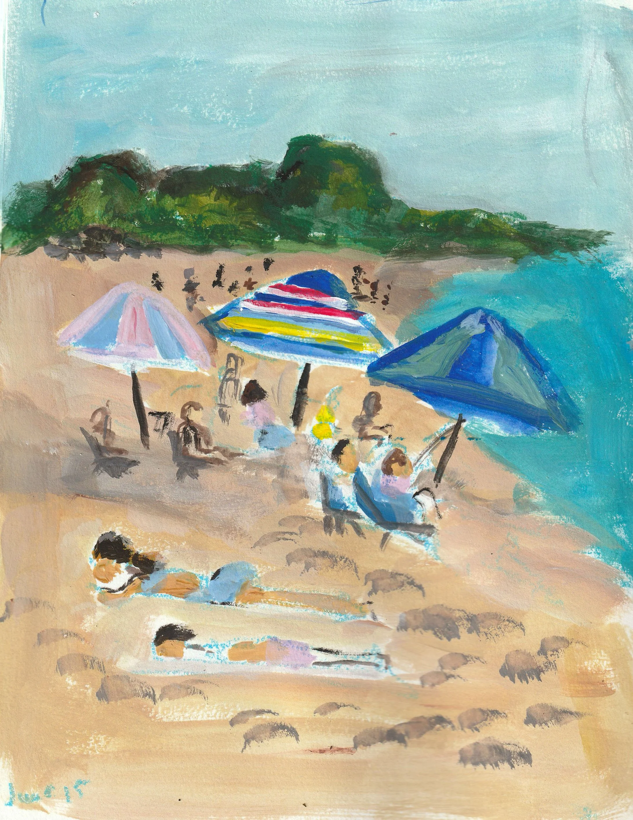 Day at the beach, goauche oil pastel ink paper, 8x10.jpg