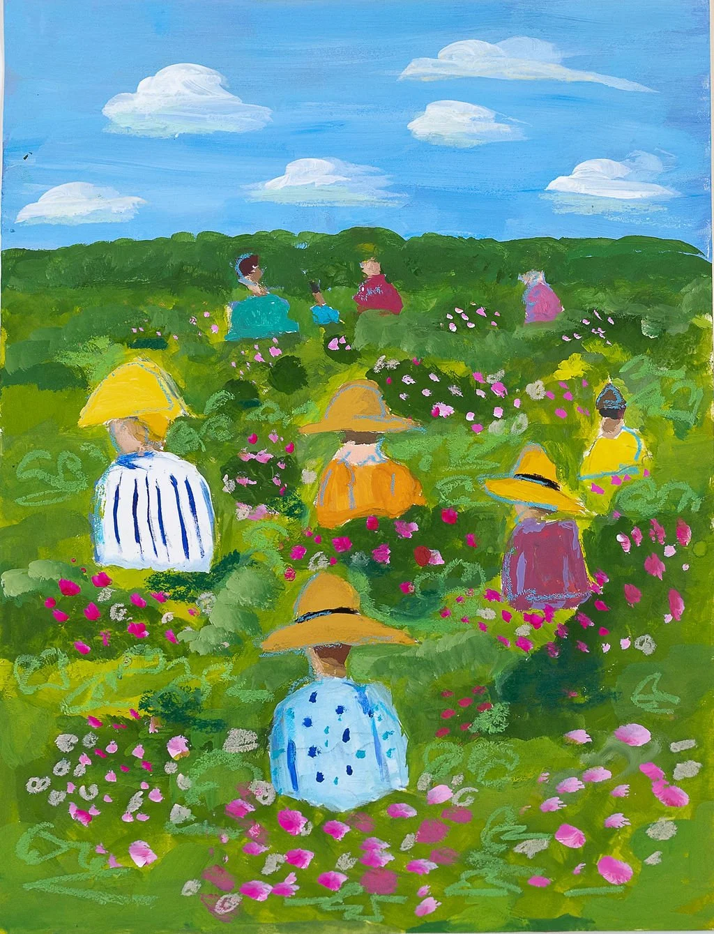 Painting of people working in a flower garden with green bushes, pink and white flowers, wearing large straw hats and colorful clothing, under a blue sky with white clouds.