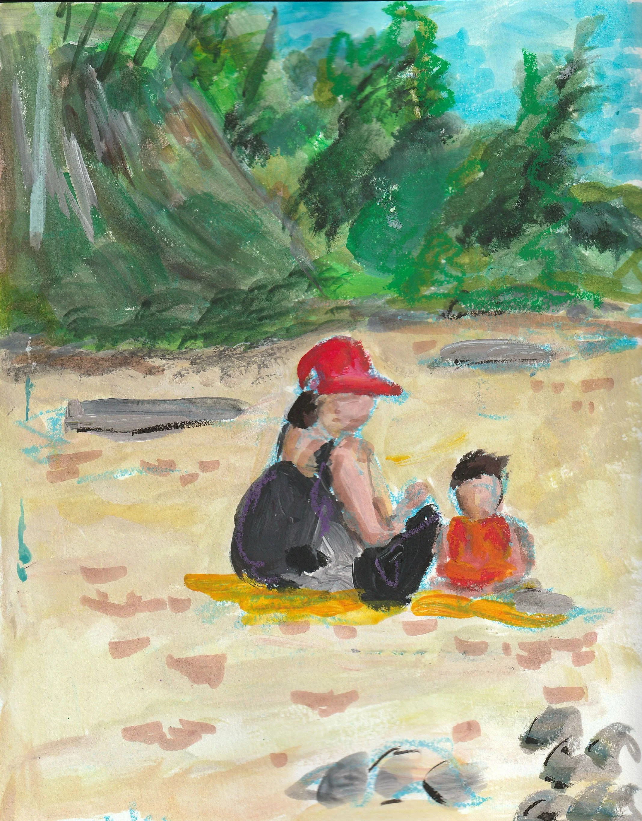 Mom and child at beach, goauche oil pastel ink paper, 8x10.jpg