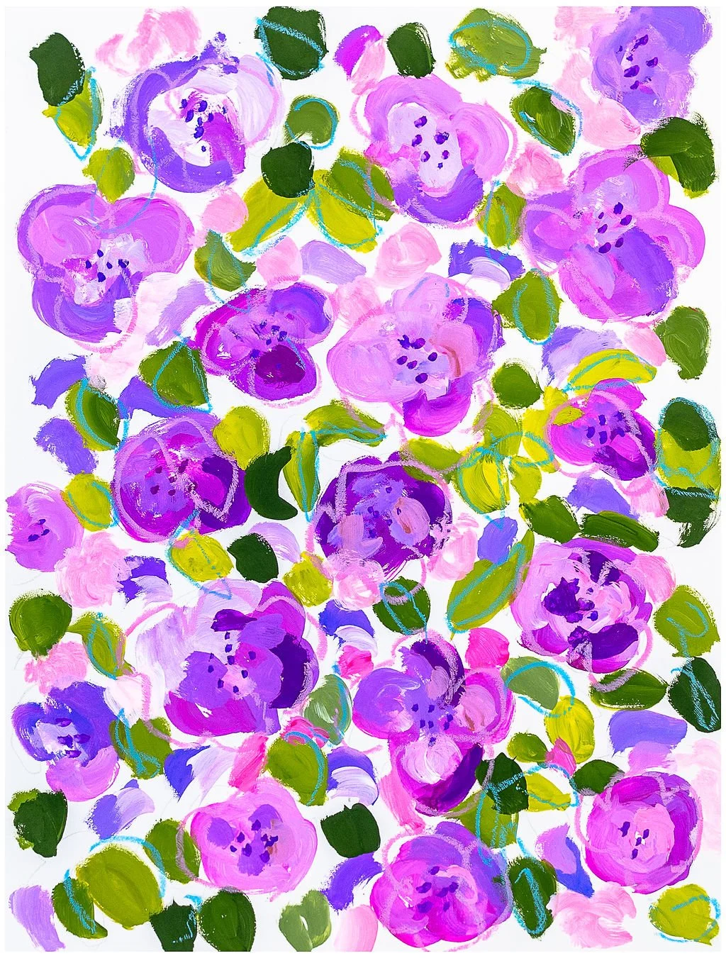 An abstract painting of purple, pink, and violet flowers with green leaves on a white background.