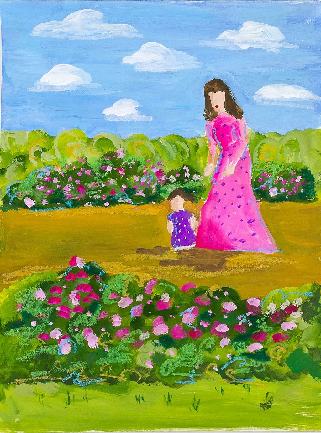 A colorful painted scene of a woman and a girl in a field of pink and purple flowers with green bushes, under a blue sky with white clouds.