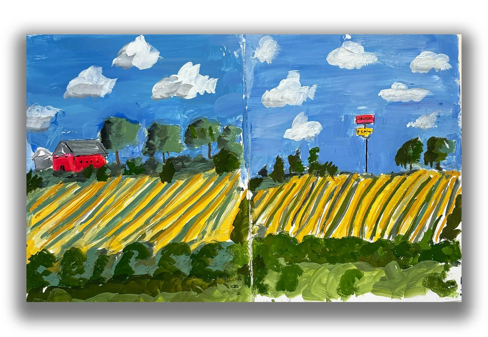 Painting of a farm landscape with a house, trees, a field, and a road sign under a blue sky with white clouds, split into two halves with slight differences.