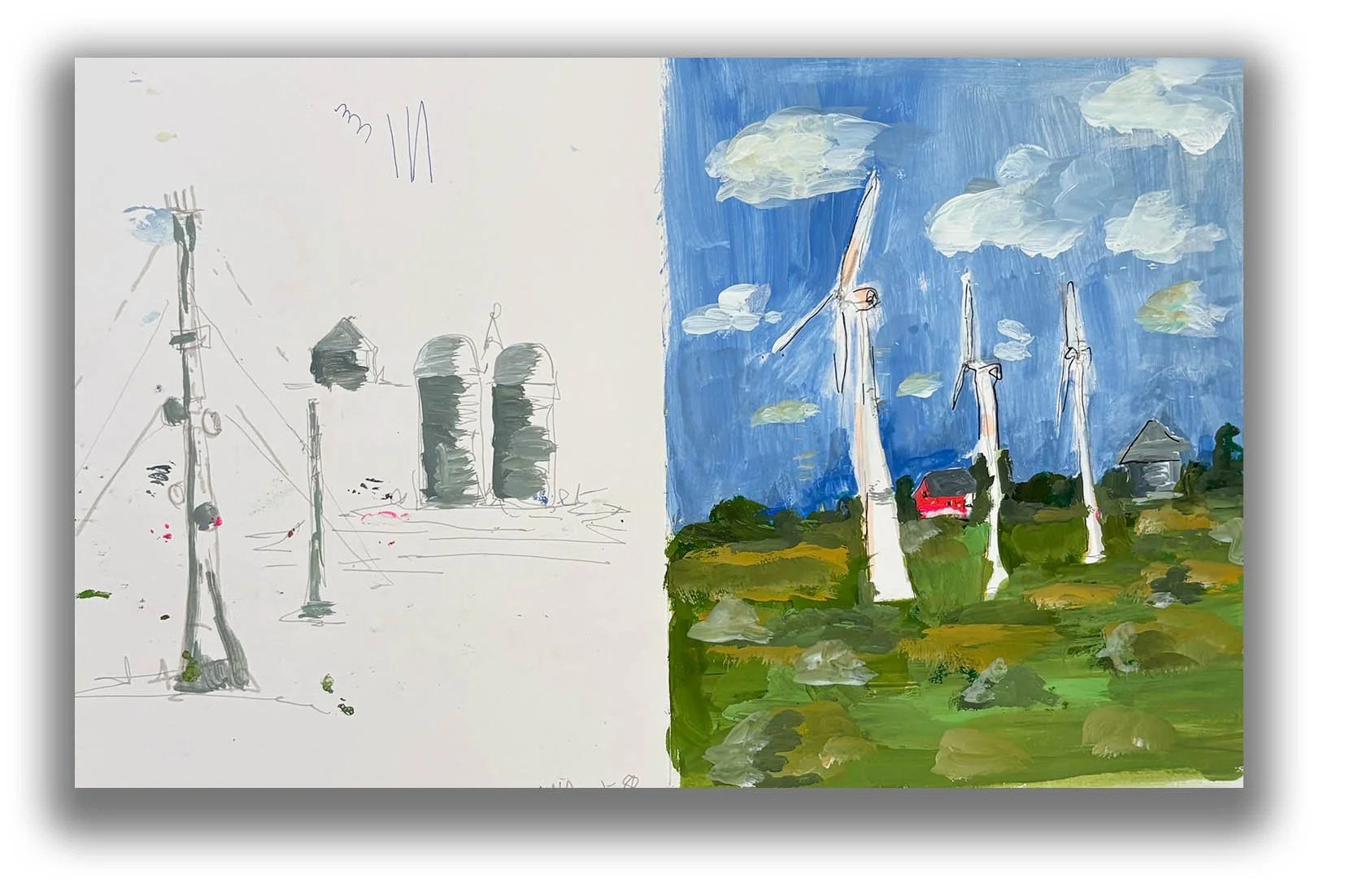 A side-by-side comparison of a children's painting of wind turbines and a farm scene. The left side is a sketch on white paper, and the right side is a colorful painted version with wind turbines, a small red barn, a house, clouds, and blue sky.