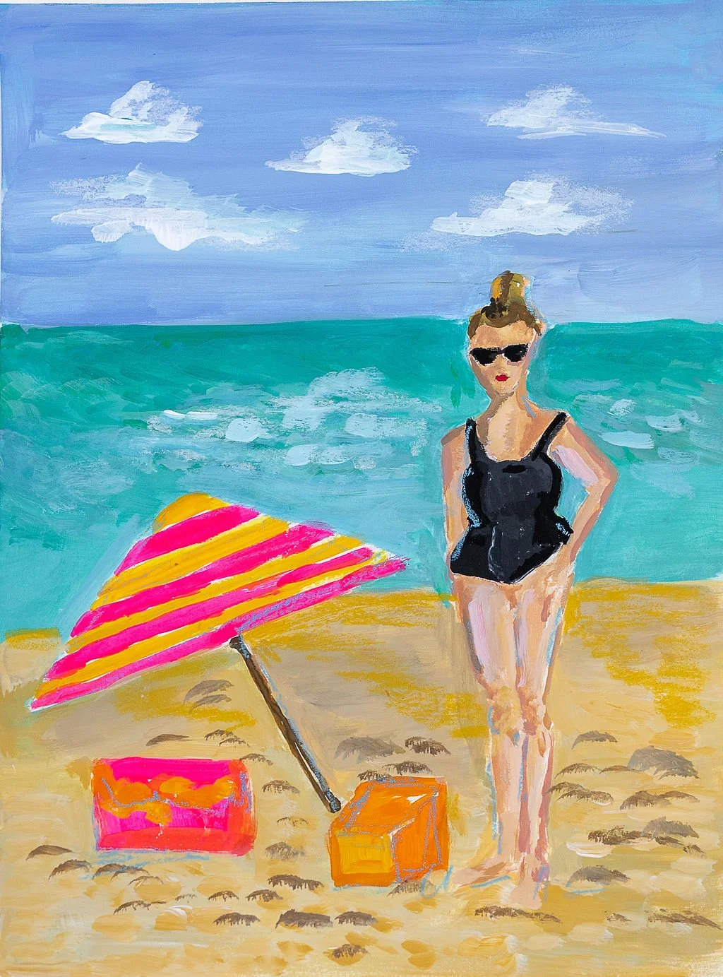 Painting of a woman in a black swimsuit and sunglasses standing on a beach with an orange and pink striped umbrella, a pink bag, and an orange cooler near her on sandy shore, with the ocean and blue sky with white clouds in the background.