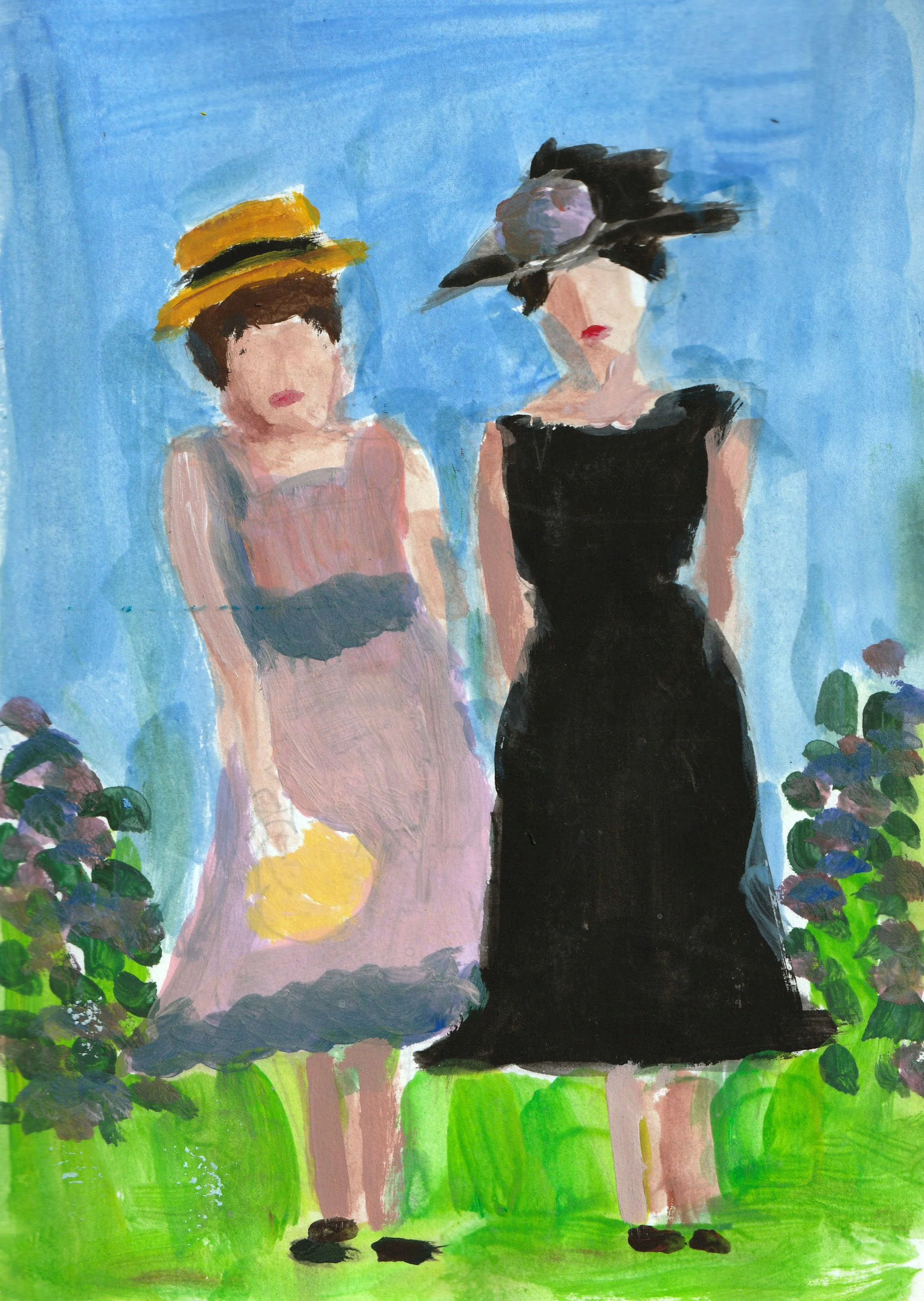 Ladies in the garden, goauche oil pastel ink paper, 8x10.jpg