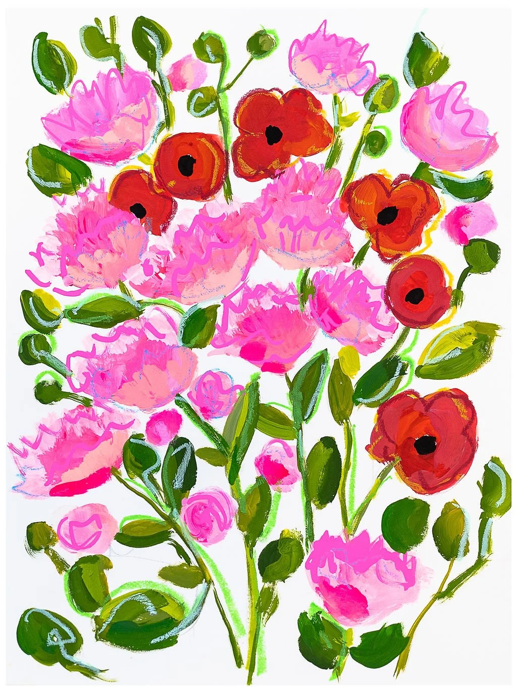 A colorful, abstract painting of pink and red flowers with green leaves on a white background.