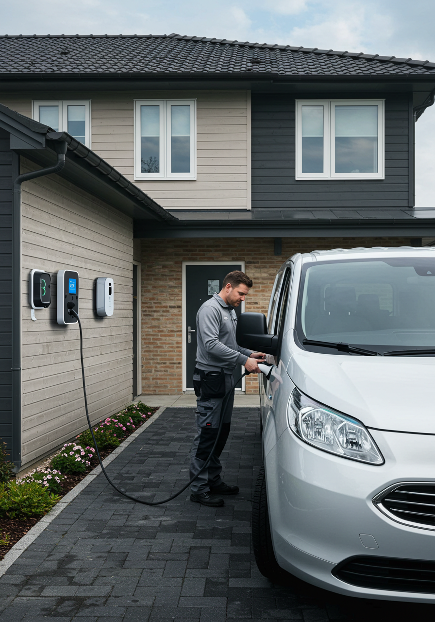 An electric vehicle being charged in a well-organised garage