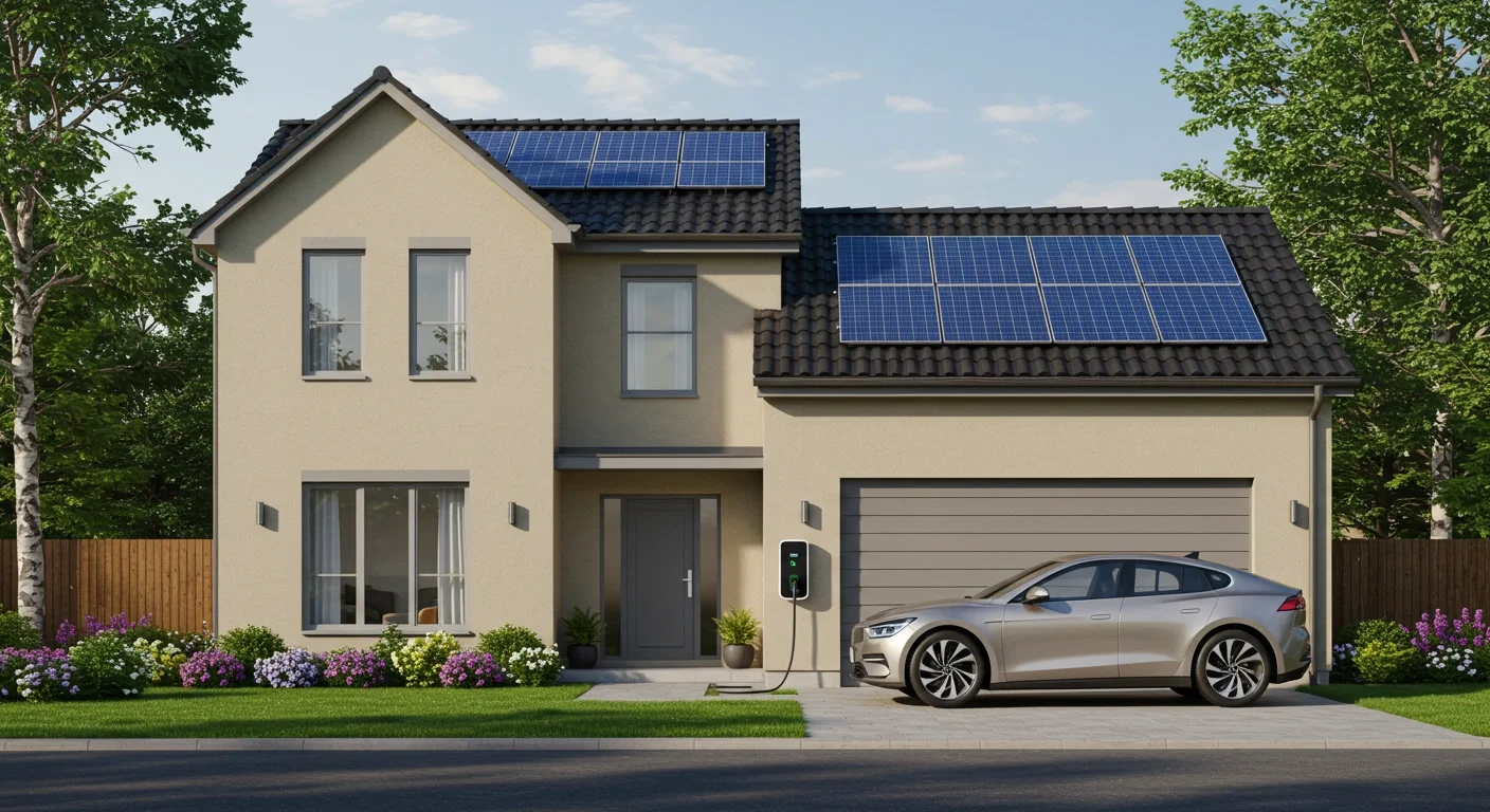 Modern house with rooftop solar panels and an electric vehicle charging in the driveway