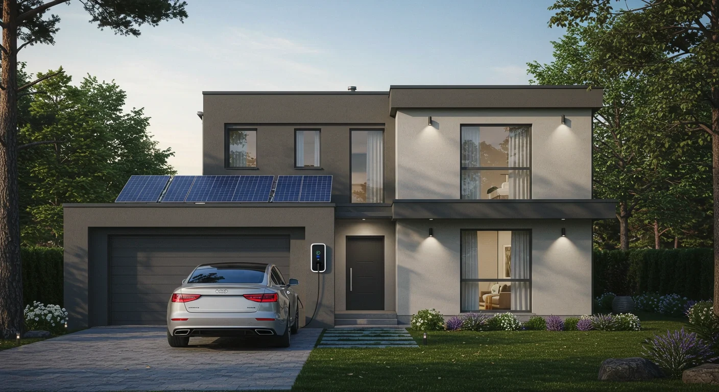 Modern two-storey home with rooftop solar panels and electric vehicle charging in the driveway at dusk