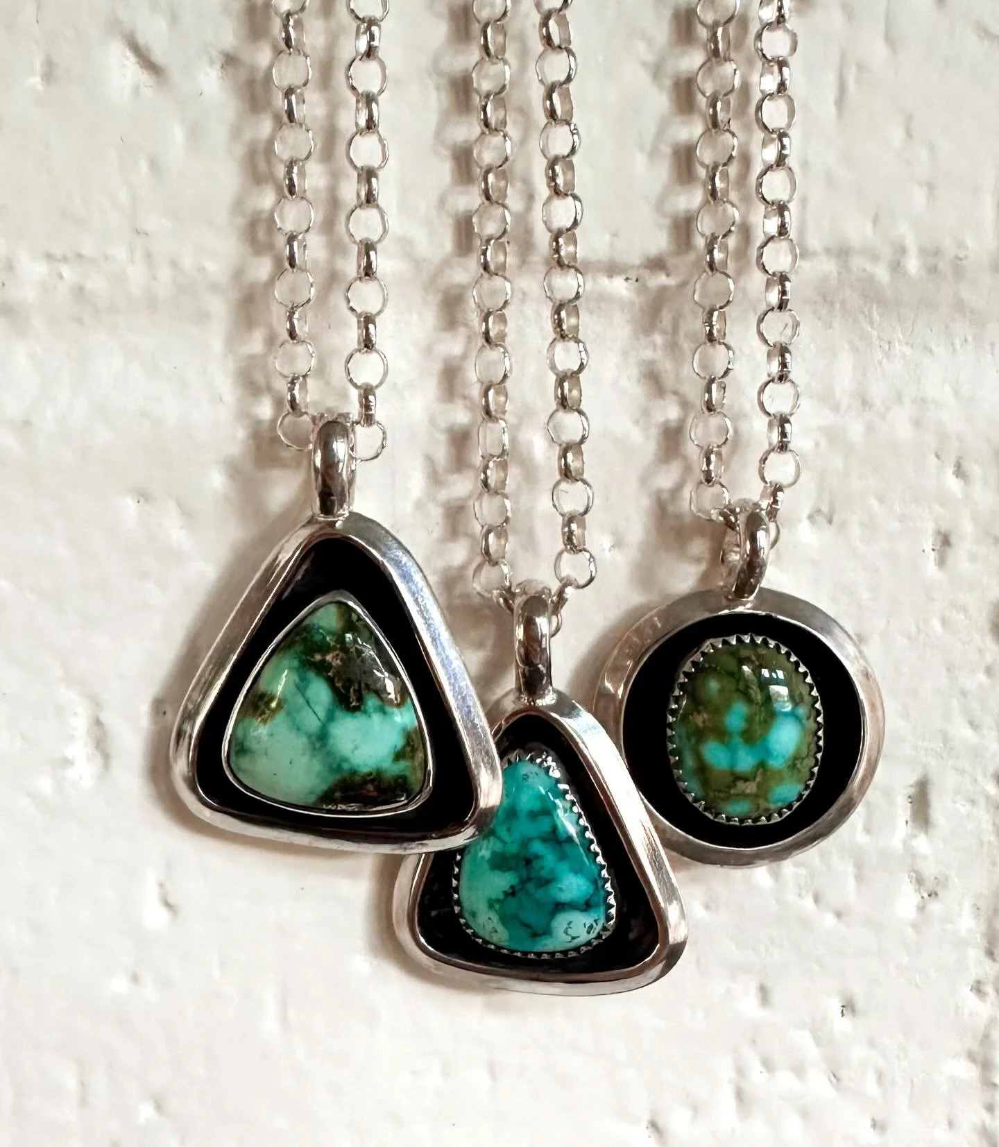 I was saving this high grade White Water Turquoise to set in solid gold but, the price of gold is currently beyond insane. SOOOO&hellip;. I made these three shadow box pendants instead! They will be hitting the site tomorrow morning, 9am pacific,  so