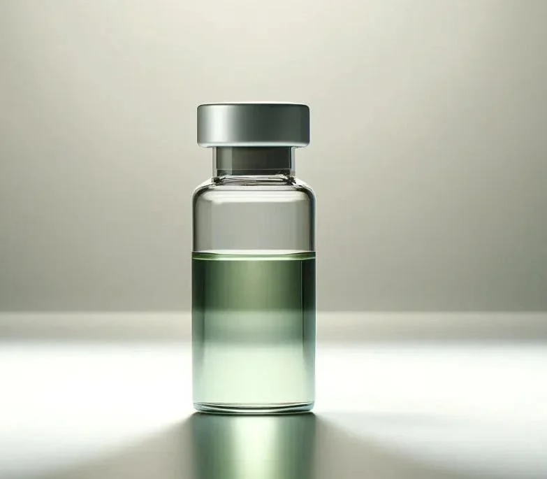 A small glass vial containing a green liquid, sealed with a metal cap, placed on a white surface with a plain background.