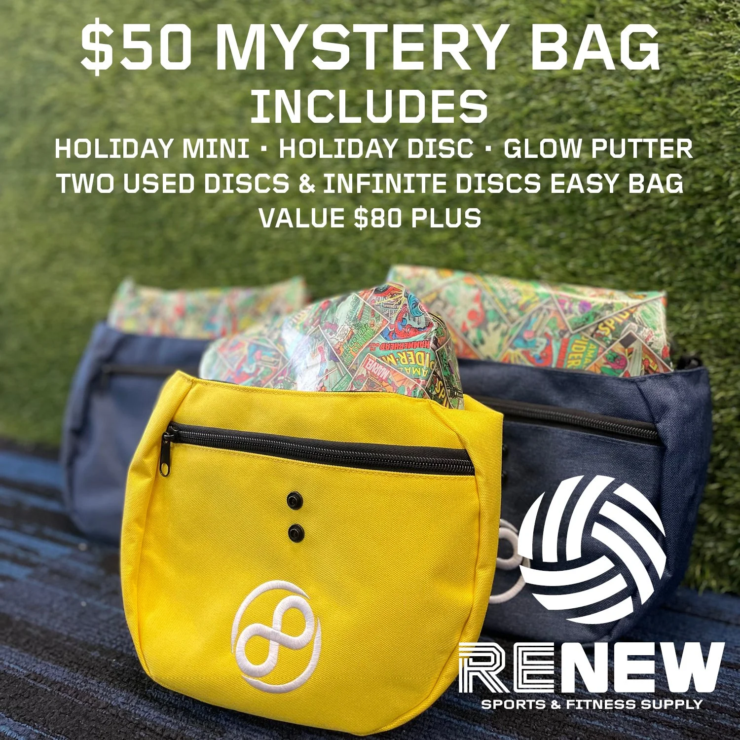 Inspired by our friends over at Acetime Disc Golf We have THREE mystery bags valued at $80, available for $50 each. 

Includes assorted brands. All Discs are premium plastics.
Infinite Easy Bag
New Holiday Mini
New Holiday Driver or Fairway
New Glow 