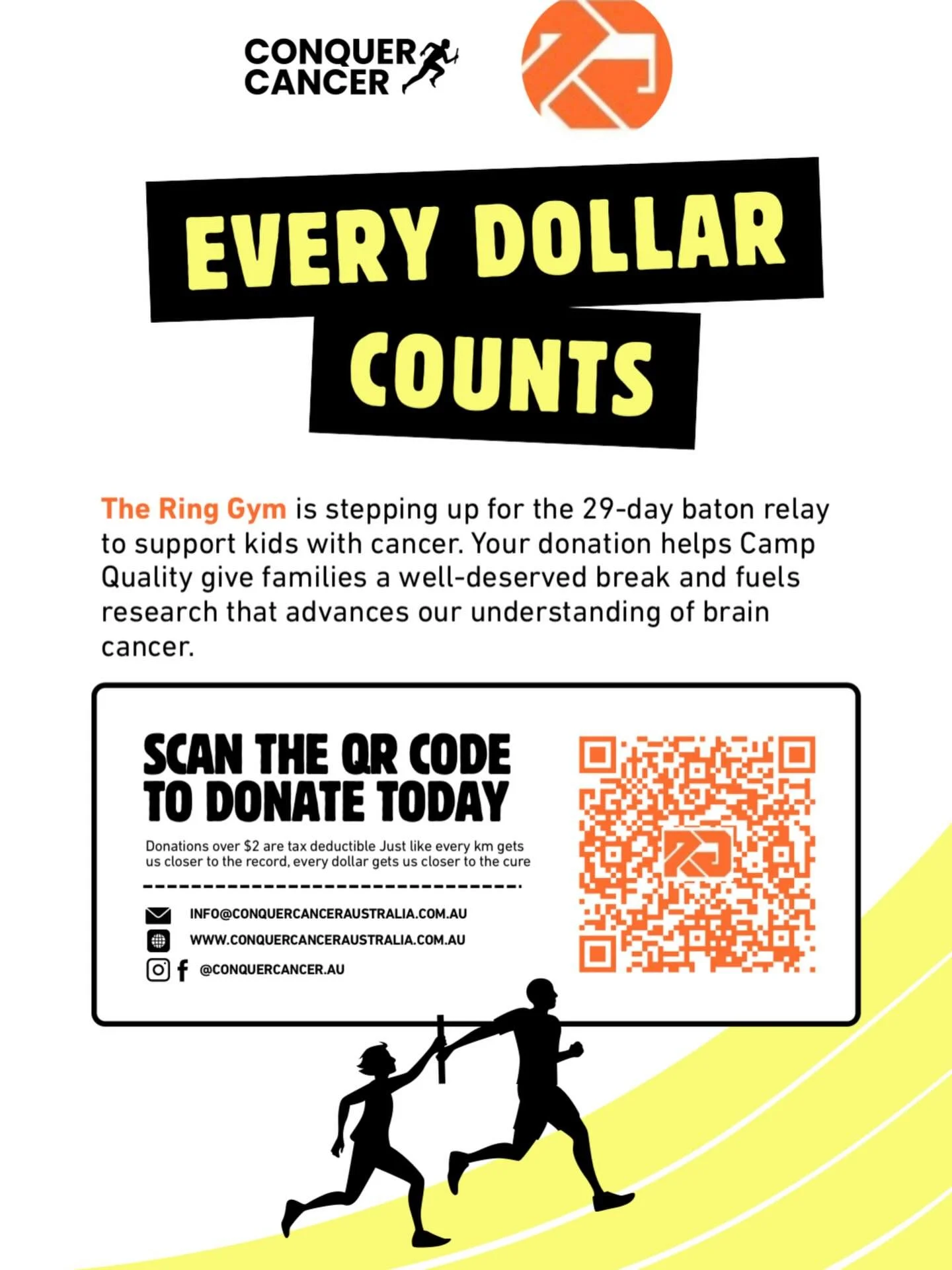 🔥THE RING GYM X CONQUER CANCER 🔥
EVENT POSTPONED UNTIL MAY!
Giving back is what we do. This time we&rsquo;re running not only for the world record, but for the life changing cause. Members &amp; friends - any DONATION makes a difference. Support th