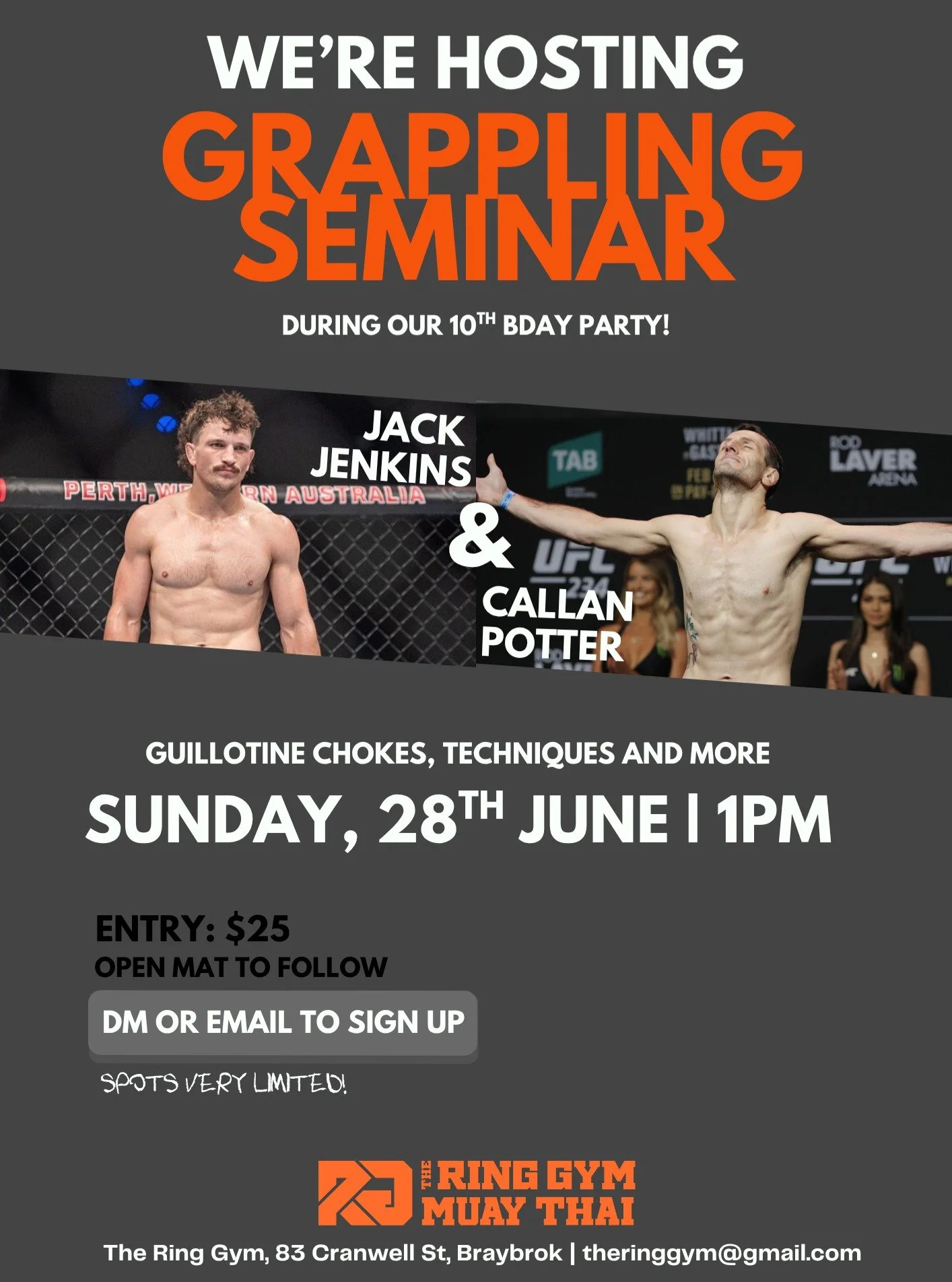 LET'S ROLL 🔥 We&rsquo;re celebrating our 10 years with a special Grappling Seminar you don&rsquo;t want to miss!

👊 All levels welcome
🔥 Limited spots (30 only!)
📅 Sunday, 28th June
💰 $25 entry

Food, vibes, and good rolls after 👊

DM or EMAIL 