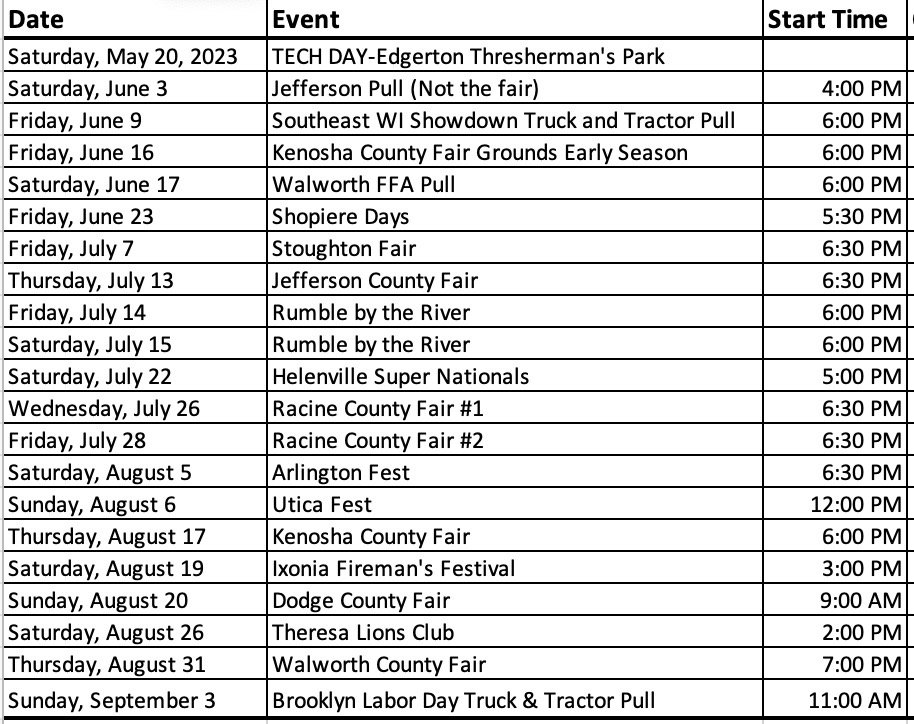Schedule — Badger Truck Pullers Association