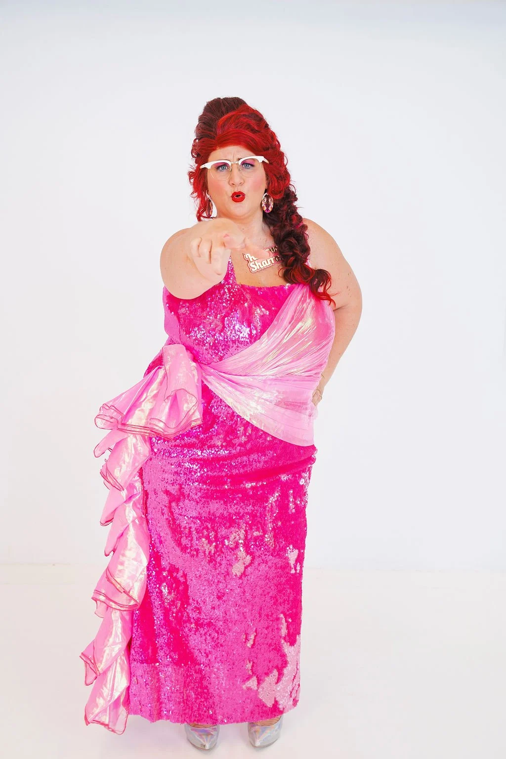 Famous Sharron_CLASSIC_Pink Sequin Pointing and Looking_WS.jpg