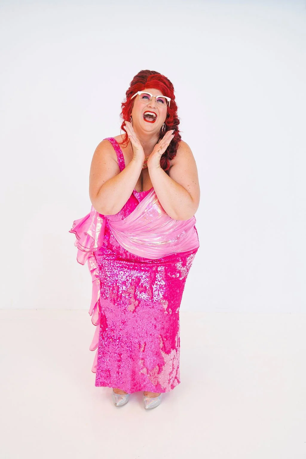 Famous Sharron_CLASSIC_Pink Sequin Excited Face Laughing_WS.jpg
