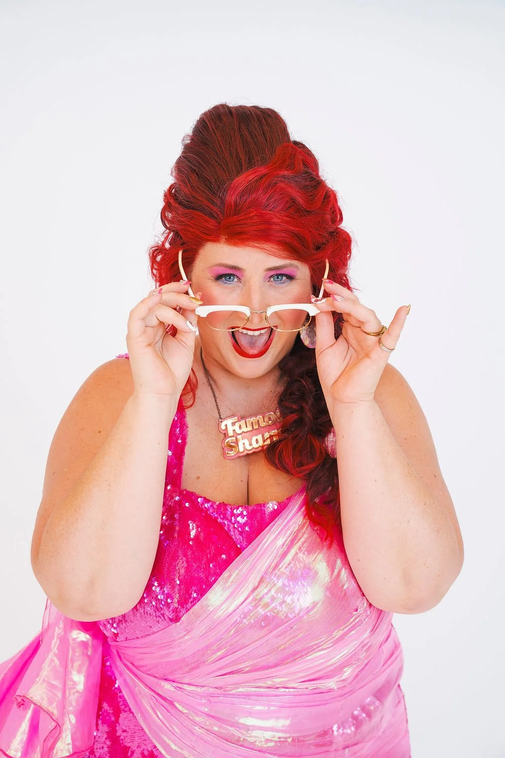 Famous Sharron_POSED Pink Sequin Peek over happy_WS.jpg