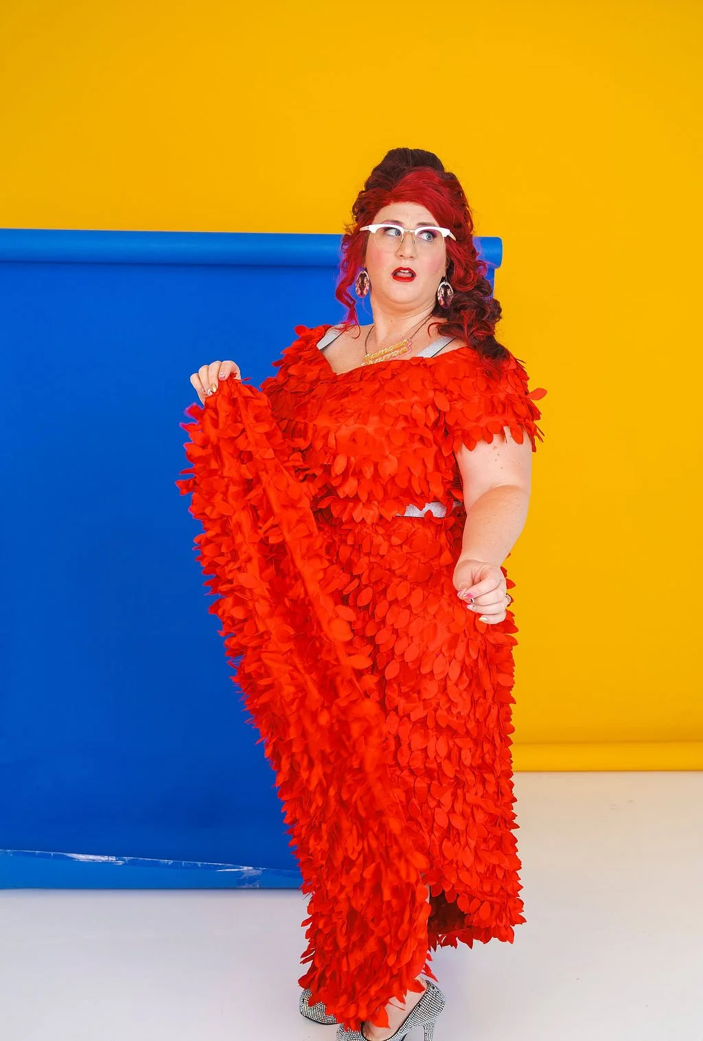 Famous Sharron_POSED Red Dress Blue Bk Side Shock_WS.jpg