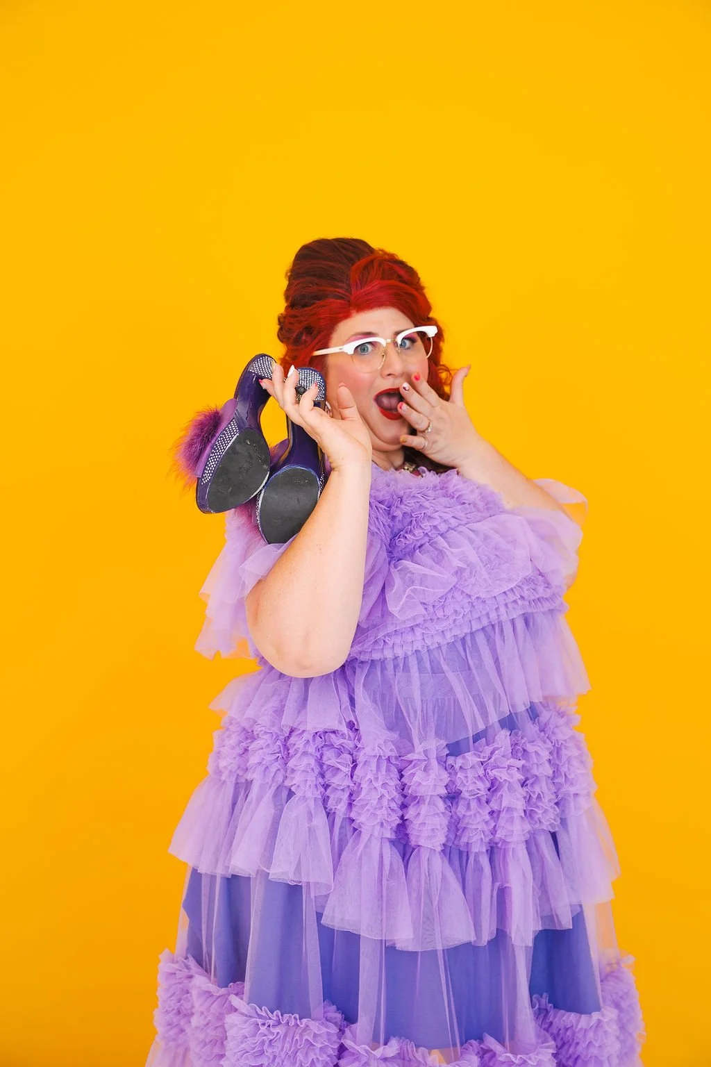 Famous Sharron_POSED Purple Dress Shoes over shoulder shocked_WS.jpg