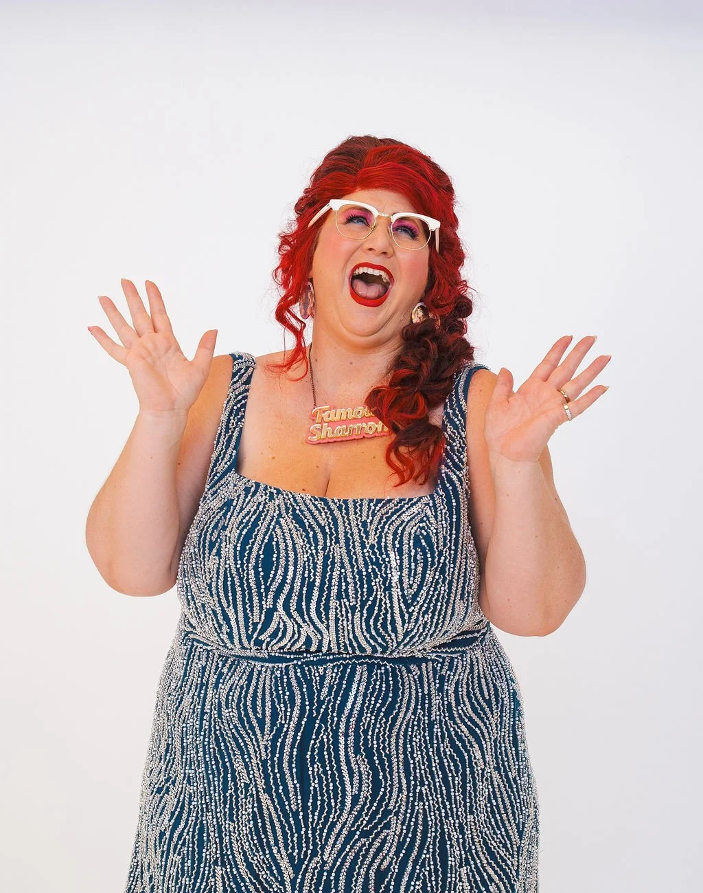 Famous Sharron_CLASSIC Blue Sequin Surprise Hands Laughing_WS.jpg