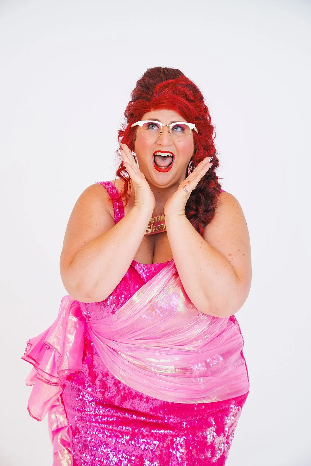 Famous Sharron_CLASSIC_Pink Sequin Excited Look Up_WS.jpg