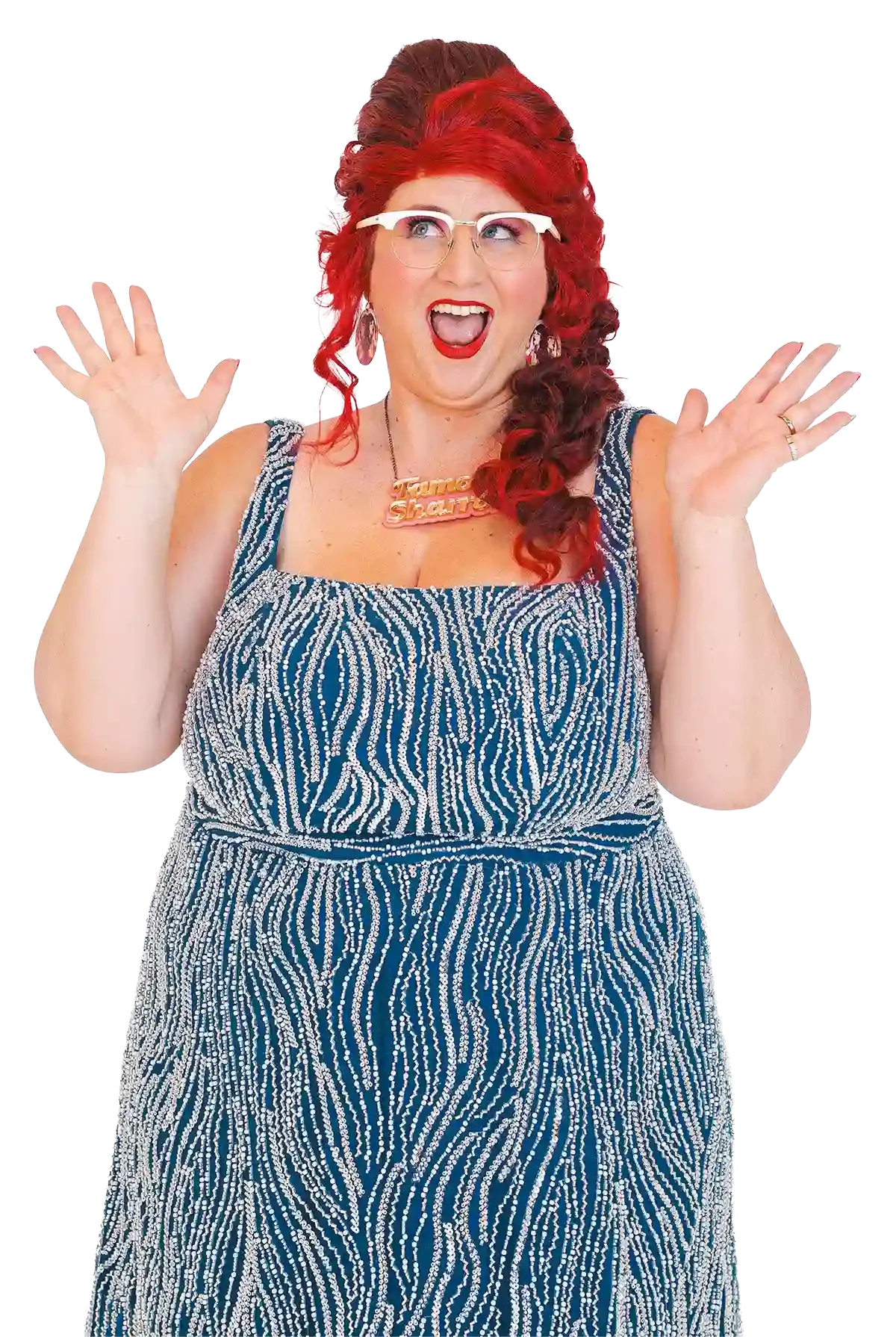 Famous Sharron wearing glasses, a blue and white patterned dress, and a gold necklace with a name tag that reads 'Famous Sharron.' She has her hands raised and appears surprised or excited.