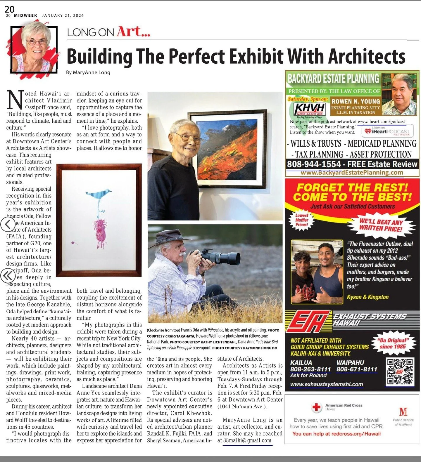 Mahalo to MaryAnne Long, who featured our Architects as Artists exhibition in her column, Long On Art, in today's Midweek, page 20! Congratulations to artists Francis Oda, Howard Wolff, and Dana Anne Yee, for being featured!
📐
#architectsasartists #