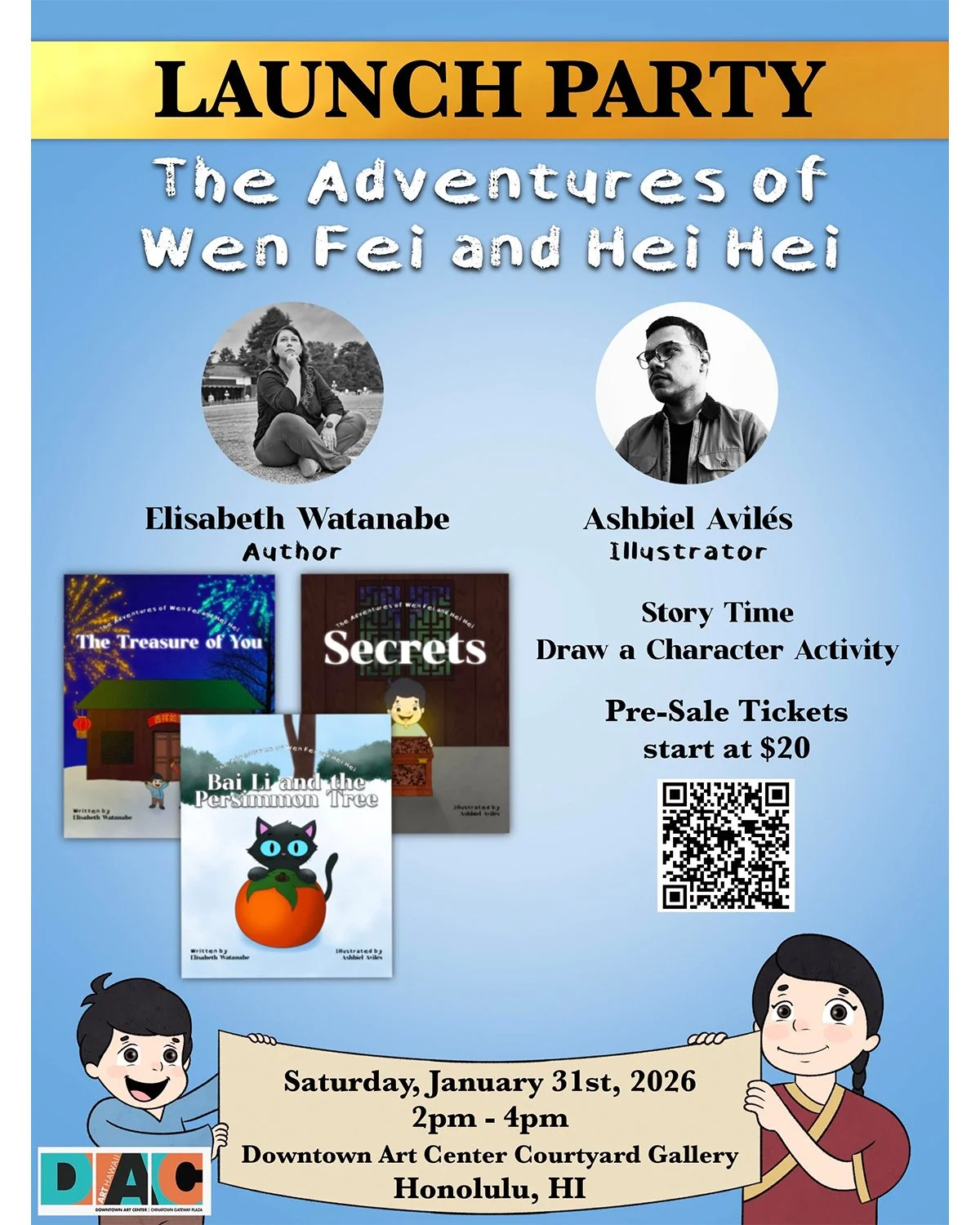 Join us on Saturday, January 31 from 2-4 p.m. in the 2nd floor Courtyard Gallery for a @dac_artshop launch party celebrating Elisabeth Watanabe and Ashbiel Avil&eacute;s' new children's book, "The Adventures of Wen Fei and Hei Hei!" Get you