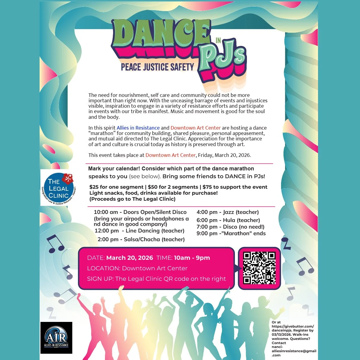 You're invited to Dance in PJs (Peace, Justice, Safety) on Friday, March 20, from 10 a.m. to 9 p.m. at Downtown Art Center! 
Allies in Resistance invite you to a community dance "marathon" celebrating music, movement, and mutual aid. Come t