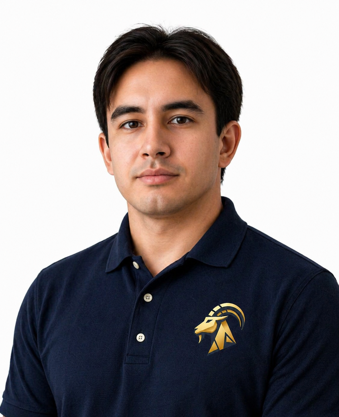 Portrait of a young man with dark hair, wearing a grey suit and black shirt, against a plain grey background.