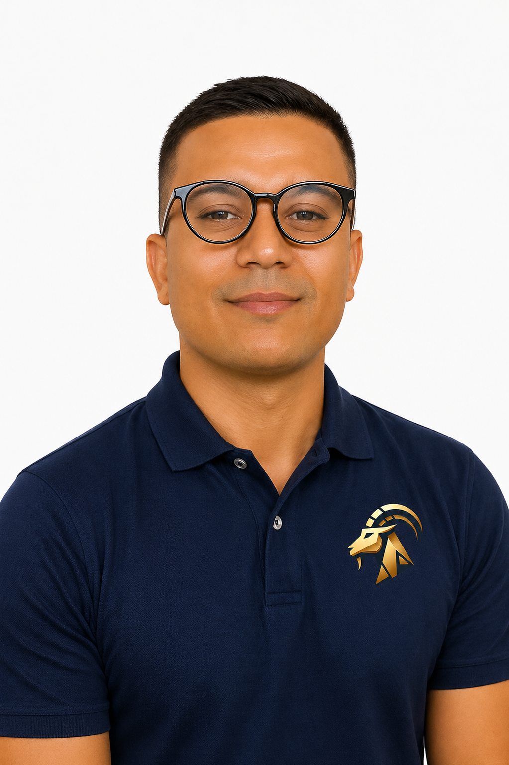 Portrait of a young man wearing glasses and a white striped button-up shirt, smiling slightly, with a dark blue background.