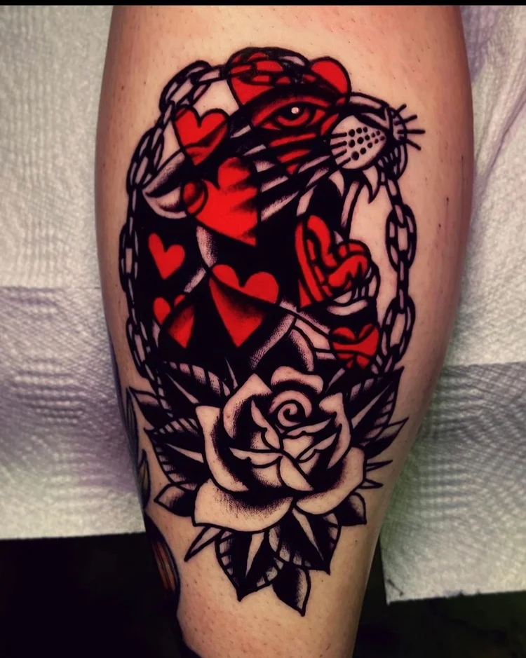 Traditional panther head with hearts, chain and rose tattoo by Alex Joelle at Electric Street Tattoo, Fort Lauderdale