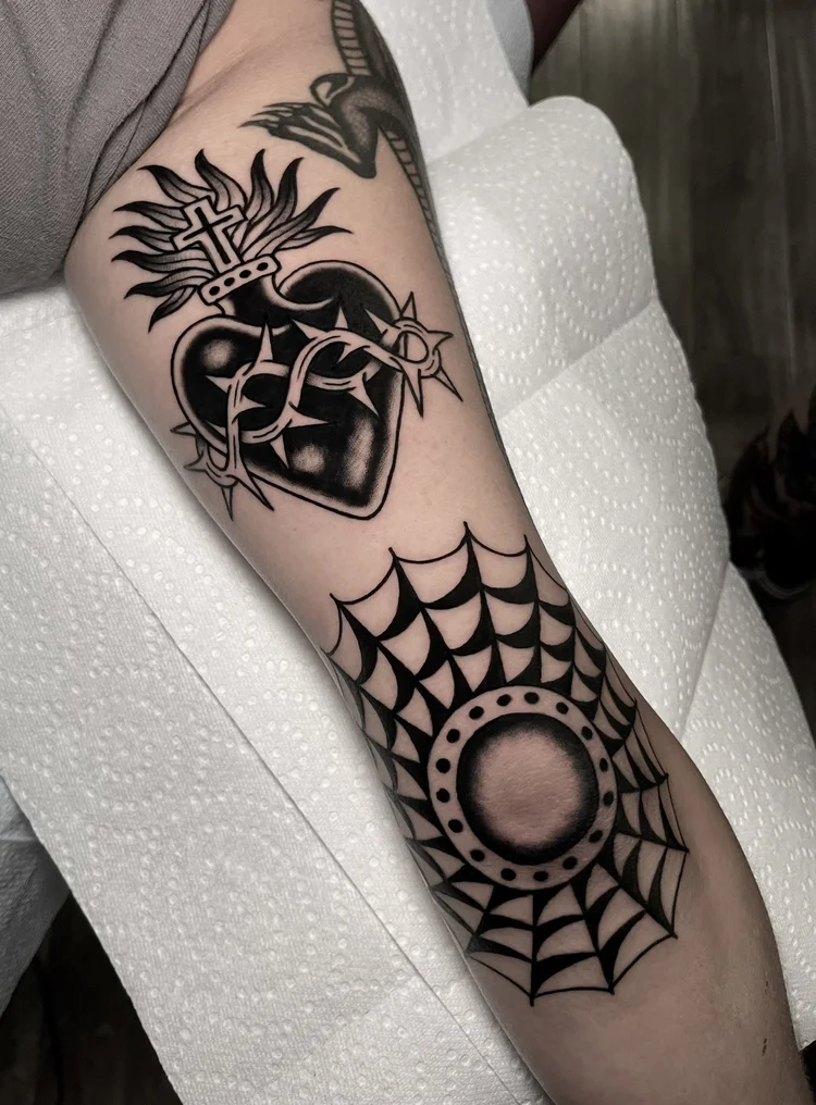 American Traditional sacred heart and spider web tattoo by Nick at Electric Street Tattoo, Fort Lauderdale