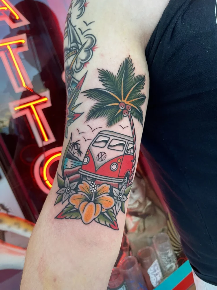 American Traditional colorful flash pieces tattoo on the arm by Nick at Electric Street Tattoo, Fort Lauderdale