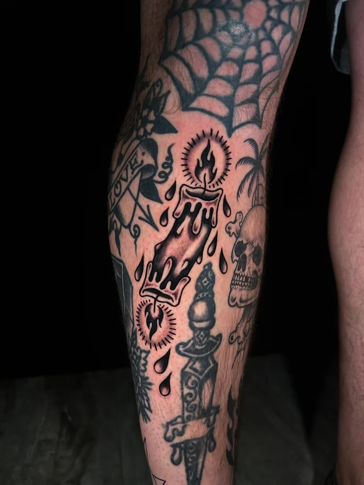 Black and gray dagger and spider web forearm tattoo by Lexi at Electric Street Tattoo, Fort Lauderdale