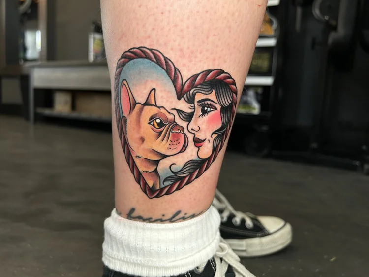 Cats in a heart frame tattoo on the ankle by Lexi at Electric Street Tattoo, Fort Lauderdale