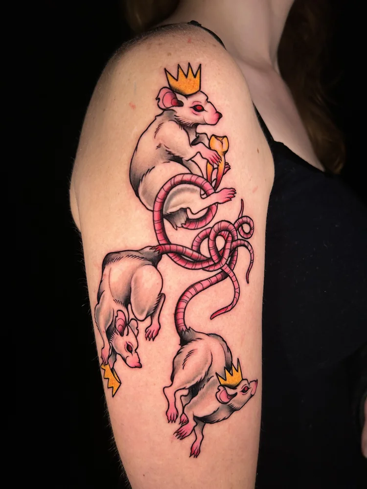 Crowned rats with ribbon tattoo by Lexi at Electric Street Tattoo, Fort Lauderdale