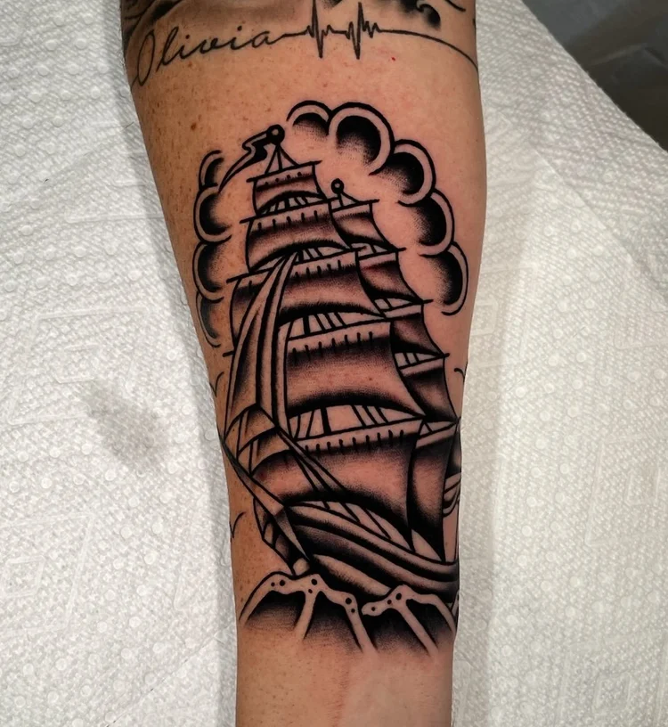 American Traditional clipper ship tattoo by Nick at Electric Street Tattoo, Fort Lauderdale