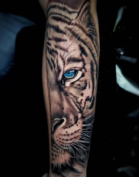 Black and gray realism tiger with a blue eye tattoo by Marco Cardenas at Electric Street Tattoo, Fort Lauderdale