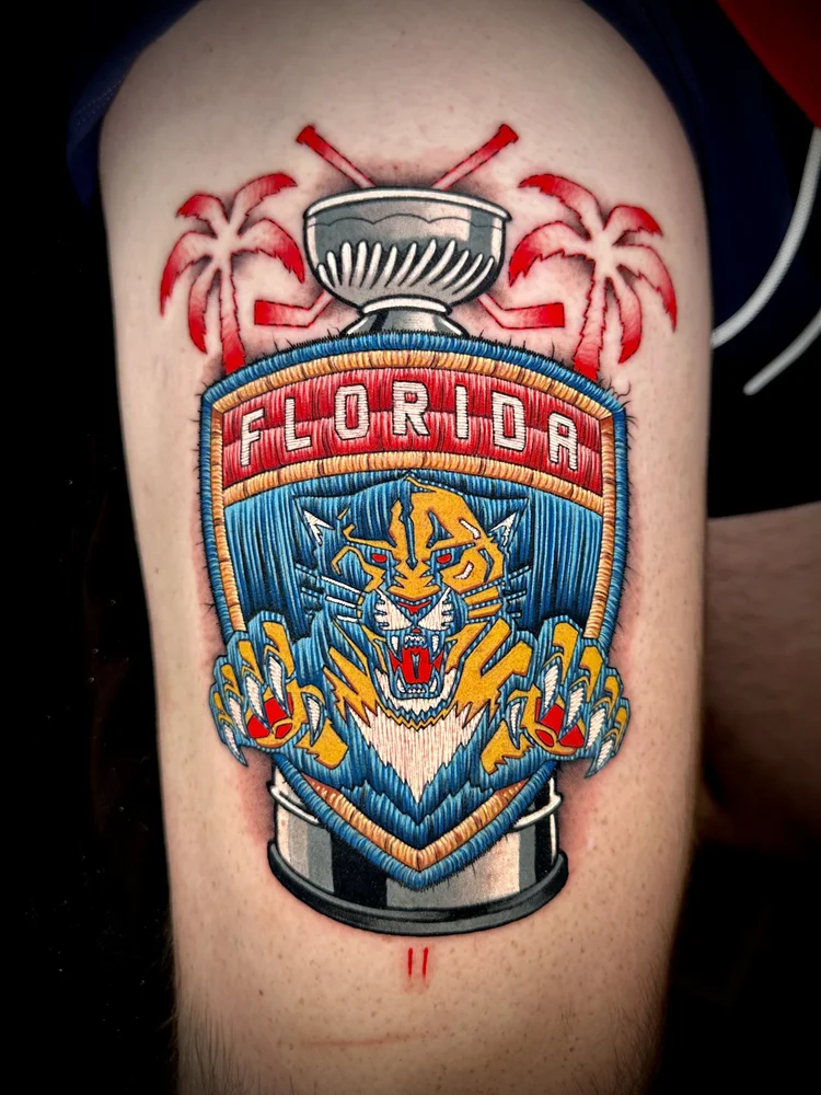 Embroidery-style Florida Panthers Stanley Cup patch tattoo by CJ Ugarte at Electric Street Tattoo, Fort Lauderdale