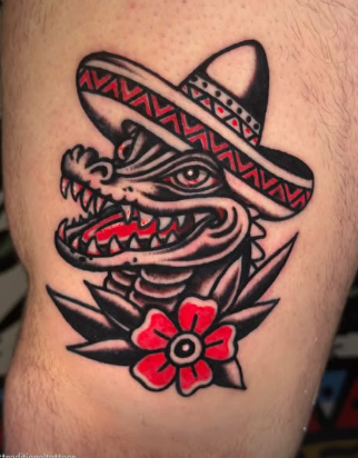 American Traditional alligator in a sombrero with a rose tattoo by Josh at Electric Street Tattoo, Fort Lauderdale