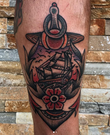 American Traditional anchor with clipper ship tattoo by Josh at Electric Street Tattoo, Fort Lauderdale