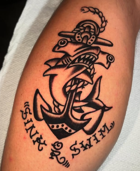 American Traditional anchor with “Sink or Swim” banner tattoo by Josh at Electric Street Tattoo, Fort Lauderdale