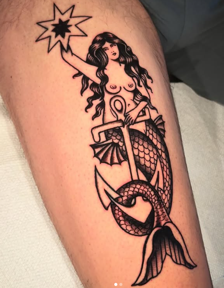 American Traditional mermaid on an anchor tattoo by Josh at Electric Street Tattoo, Fort Lauderdale