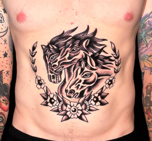 American Traditional horse head stomach piece tattoo by Josh at Electric Street Tattoo, Fort Lauderdale
