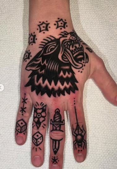 American Traditional panther head hand tattoo with finger symbols by Josh at Electric Street Tattoo, Fort Lauderdale