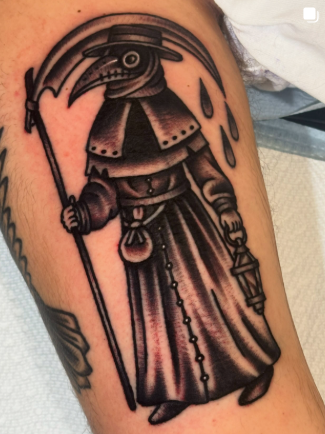American Traditional plague doctor figure tattoo by Josh at Electric Street Tattoo, Fort Lauderdale