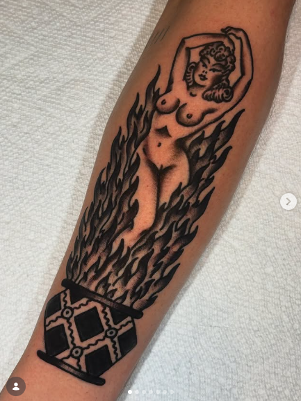 American Traditional woman rising from flames tattoo by Josh at Electric Street Tattoo, Fort Lauderdale